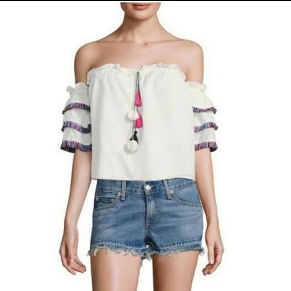 Red Carter x Anthropologie Off The Shoulder Tiered Fringe Sleeve Tassel Crop Top - Picture 4 of 13